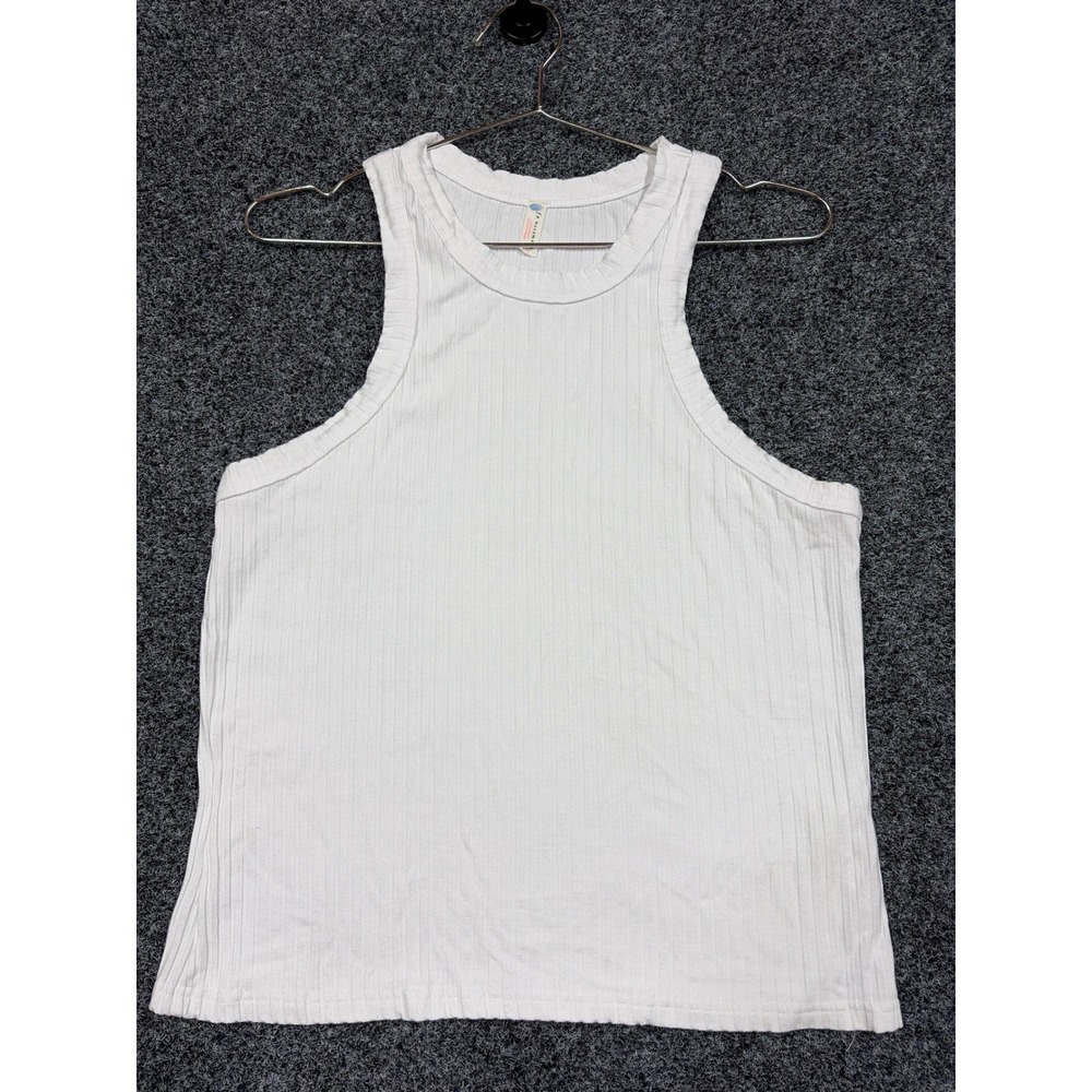 FP Movement Tank Top Womens M White Happiness Runs High Neck Ribbed Activewear
